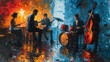 Oil Pianting Abstract Art of Musicians Band in a Bar Drums Bass Colorful Background