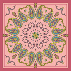 Wall Mural - Scarf or bandana design with paisley mandala pattern and floral elements. Ethnic carpet design.