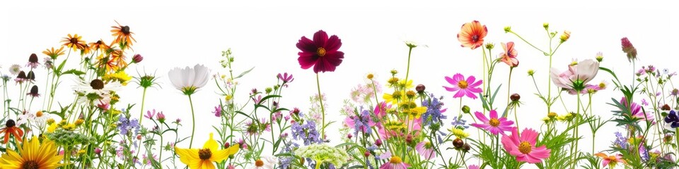 a diverse and vibrant display of meadow flowers isolated on a white background, featuring various sp