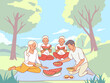 Family on picnic. Outdoor activities, parents with children, twin boys eating watermelon, eating in nature, lunch in forest, summer vacation cartoon flat style isolated vector concept