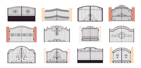 Wall Mural - Ornamental fence gates. Metal decorative gate with vintage ornate decor. Architecture elements for yard and garden. Design racy vector set