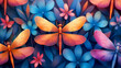 Colorful dragonflies on a background of colorful leaves and flowers