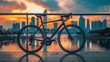 Stylish road bike parked on a modern city bridge, skyline in the background at sunset, reflecting vibrant colors on the water