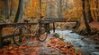 Rustic scene of a classic bicycle with a basket, parked on a wooden bridge over a forest stream, surrounded by autumn leaves
