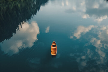 Wall Mural - Aerial view a small boat floating alone on a calm lake, with reflection but no other distractions in the frame, emphasizing the sense of solitude and tranquility. 