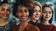 Portrait of group of smiling businesswomen looking at camera in office. AI.