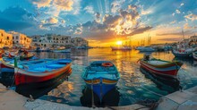 Panoramic View Of A Bustling Harbor, Concrete Jetties Filled With Colorful Boats, Sunset Casting Golden Hues Across The Scene