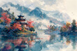 Tranquil lakes with mist-shrouded peaks and traditional Chinese architectural paintings