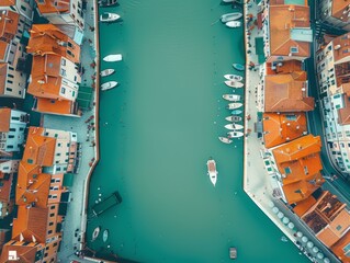 Wall Mural - An aerial view of a city with boats and houses in the water. Generative AI.