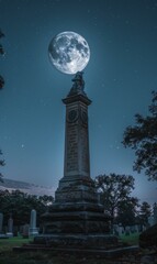 Poster - A statue of a monument with the moon in the background. Generative AI.