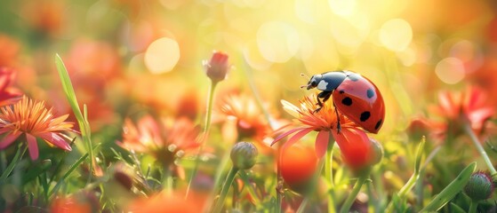 Wall Mural - A ladybug sitting on a flower in the middle of grass. Generative AI.