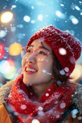 Poster - A woman wearing glasses and a red hat is smiling. Generative AI.