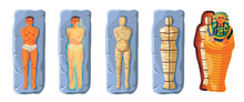 Mummification Process. Painting Egyptian Ancient Mummy In Pharaoh Sarcophagus, Embalming Bury Dead Ritual Egypt Religion, History Death Tutankhamun, Recent Vector Illustration