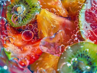 Poster - A close up of a colorful bowl filled with fruit and bubbles. Generative AI.