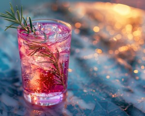 Poster - A glass filled with pink liquid and a rosemary sprig. Generative AI.