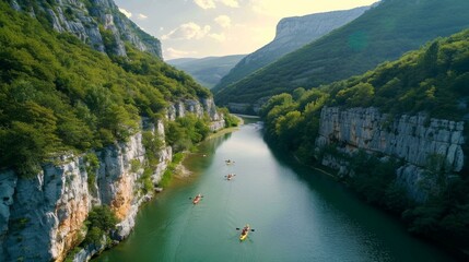 Poster - A group of people are in a canoe on the river. Generative AI.