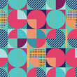 Vibrant geometric seamless pattern featuring circles and squares in shades of pink red orange and aqua on an azure background. This colorful design is perfect for textile prints or art projects