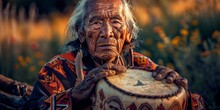 An Old Man With A Drum In His Hands. AI.