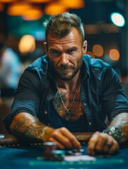 Wall Mural - A man with tattoos playing poker at a casino table. AI.