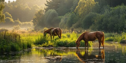 Poster - Two horses drinking water from a stream in the woods. AI.