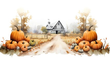 Wall Mural - Autumn rural landscape with pumpkins and barn. Watercolor illustration