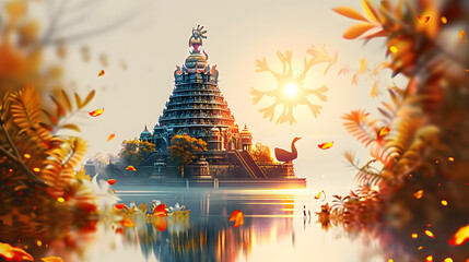 Poster - Illustration for tamil new year with temple and symbols.