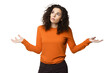 Confused woman in orange, questioning, unsure against transparent background
