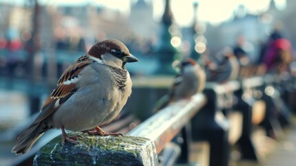 close-up of sparrows on a bustling city pier, with the hustle of the urban backdrop, capturing urban