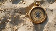 Classic compass on a background of sandy beach, top view highlighting the cardinal points, ideal for themes of travel and orientation