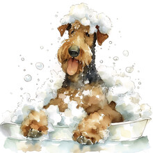 Airedale Terrier Enjoys Bathing In Watercolor Style