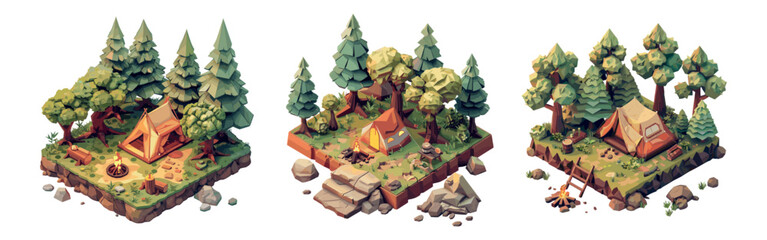 forest camp isometric vector set. tent camping wildlife trees stones halt fire elements, tourist con