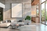 Fototapeta  - Elegant Monochrome Living Room with Urban Jungle View. Minimalist white-themed living room with a concrete accent wall, overlooking a serene urban green space.