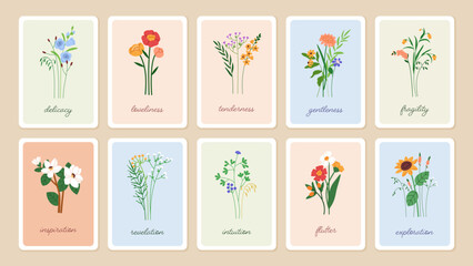 Leinwandbilder - Floral card backgrounds set. Delicate spring flowers. summer wildflowers. Botanical framed poster design. Gentle blooms, blossomed flora, vertical postcards. Modern natural flat vector illustration