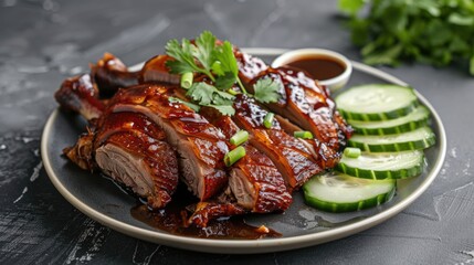 Wall Mural - Sliced roasted duck served with cucumbers and sauce on a dark background.