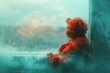 Teddy bear sitting on the windowsill in the rain,  Toned