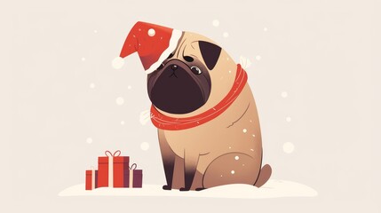 Sticker - A charming brown pug sporting a festive Christmas striped hat embodies the holiday spirit symbolizing the joy of celebrating Christmas and New Year This isolated 2d flat illustration capture