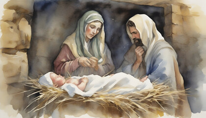 Watercolor painting of the Birth of Jesus Christ at Bethlehem.