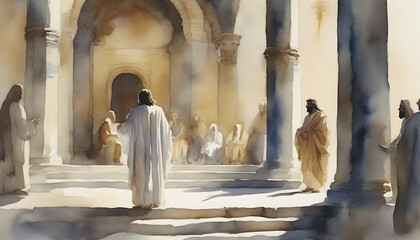 Wall Mural - Watercolor painting of Jesus Christ visiting the Temple at Jerusalem.