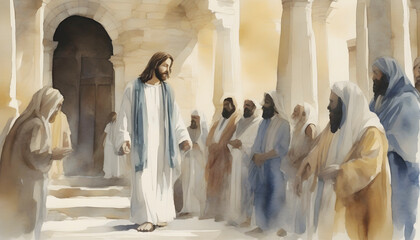 Watercolor painting of Jesus Christ visiting the Temple at Jerusalem.