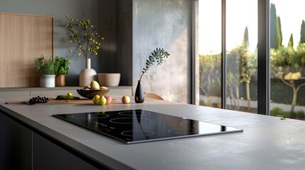 Modern kitchen interior design with granite countertop Digital composite on induction hob in modern kitchen