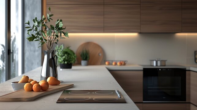 Modern kitchen interior design with granite countertop Digital composite on induction hob in modern kitchen