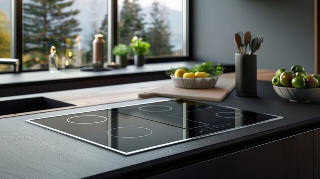 Modern kitchen interior design with granite countertop Digital composite on induction hob in modern kitchen