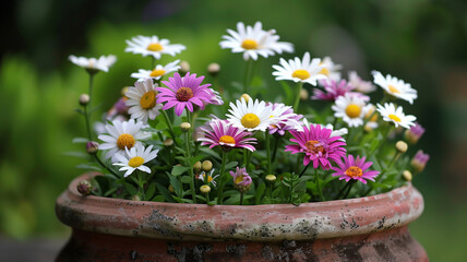 Wall Mural - A vase of flowers with a mix of white and pink flowers. The flowers are in a pot and are arranged in a way that they are all facing the same direction. flower nature garden botany daisy bloom pot