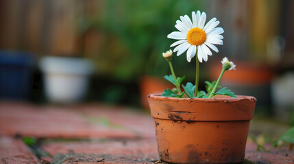 Wall Mural - A small white flower is in a pot on a brick surface. The flower is surrounded by a few other potted plants. flower nature garden botany daisy bloom pot