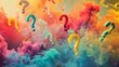 Colorful question mark symbols, exploding in the air against a soft-colored background.