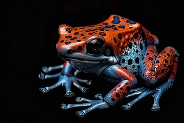 Wall Mural - Close-up of a strawberry poison-dart frog or blue jeans poison frog on black background