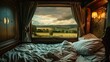A picturesque view of the countryside from the window of a vintage train suite as travelers doze off under the warm blankets. 2d flat cartoon.