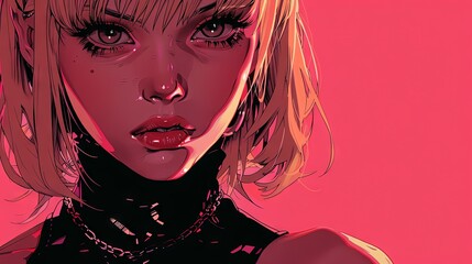 Portrait of young, beautiful Asian woman with short blonde hair wearing leather clothes in red neon light. Cartoon, painted art style. Artistic design.