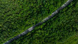 Fototapeta Uliczki - Aerial view asphalt road and green forest, Forest road going through forest view from above, Ecosystem and ecology healthy environment concept and background, Road in the middle of the forest.