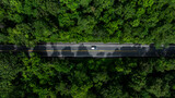 Fototapeta Uliczki - Aerial view electric vehicle car or EV car on green forest road, EV car travel in green season, Asphalt road and green forest, Forest road going through forest with electric car.